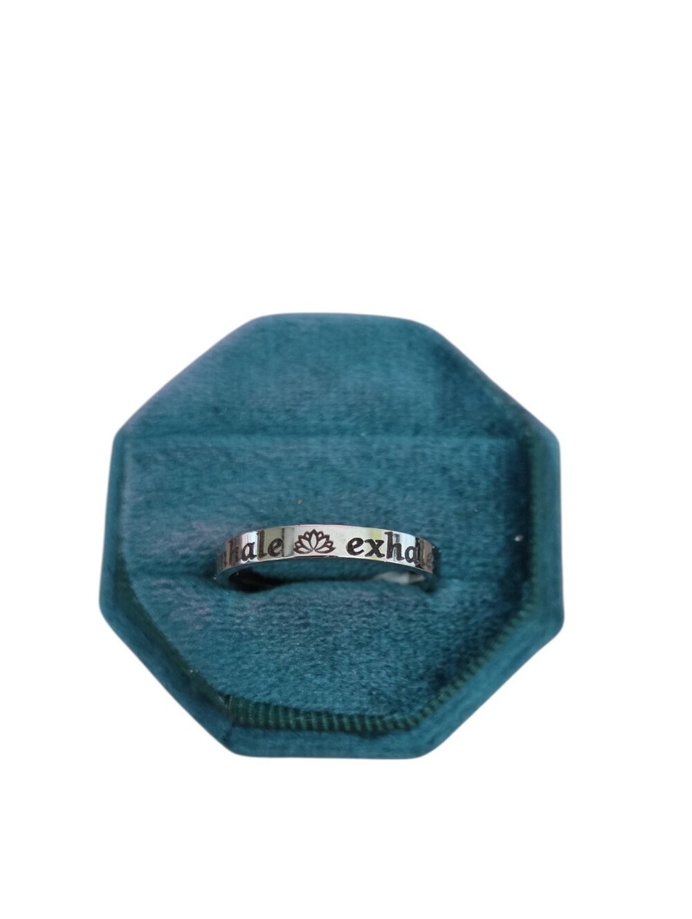 Size 9 Engraved Silver Toned Lotus Ring 'Inhale Exhale'